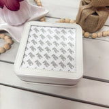 Leather jewelry box designed to showcase a 4 by 4 inch needlepoint 