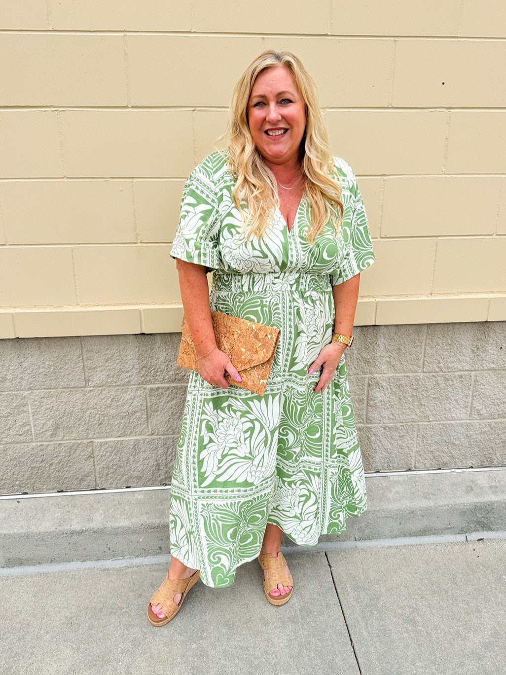 Sunkissed Moment Green and White Pleated Vneck Midi Dress Elastic Waist 