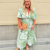 Sunkissed Moment Green and White Pleated Vneck Midi Dress Elastic Waist 