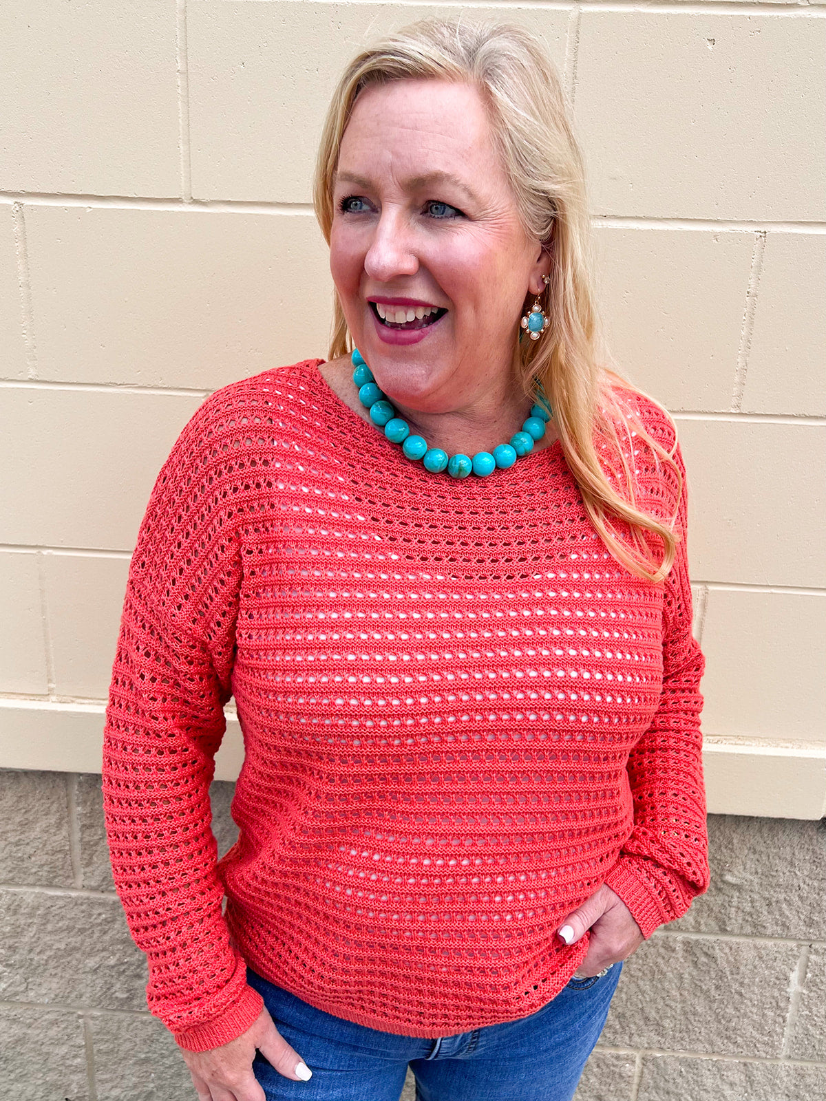 Orange open knit lightweight sweater