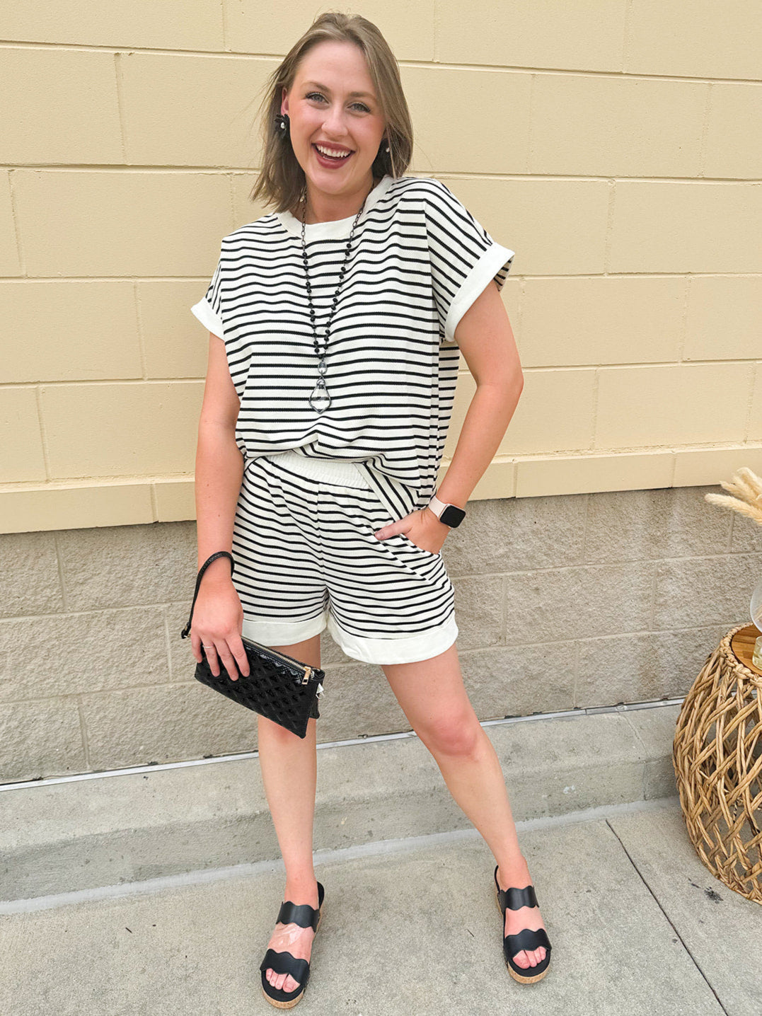 Sweet Melody Striped Knit Set with round neck top, cuffed sleeves, and matching cuffed shorts featuring an elastic waistband and side pockets.