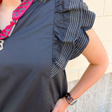 Sweet Stitch Ruffle Sleeve Woven Top in Black