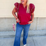 Sweet Stitch Ruffle Sleeve Woven Top in Garnet