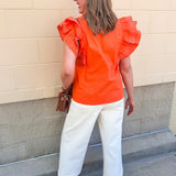 Sweet Stitch Ruffle Sleeve Woven Top in Orange