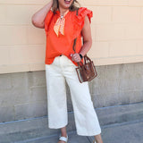 Sweet Stitch Ruffle Sleeve Woven Top in Orange