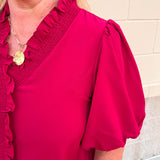 Sweetheart Smocked Ruffle Top in Garnet