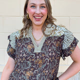  [THML] Autumn Etchings Blouse with cream and brown stripes, floral swirl print, and flutter ruffle sleeves