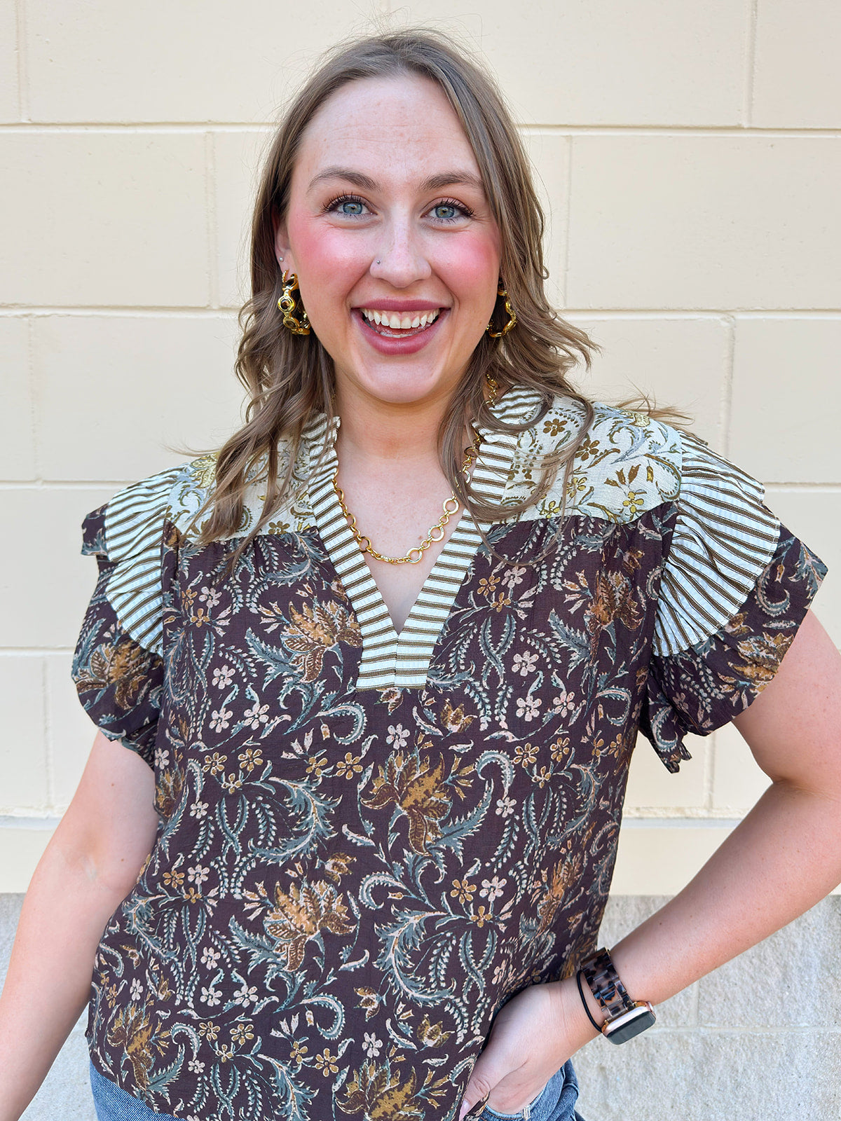  [THML] Autumn Etchings Blouse with cream and brown stripes, floral swirl print, and flutter ruffle sleeves