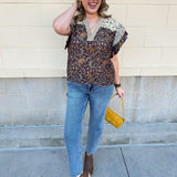  [THML] Autumn Etchings Blouse with cream and brown stripes, floral swirl print, and flutter ruffle sleeves