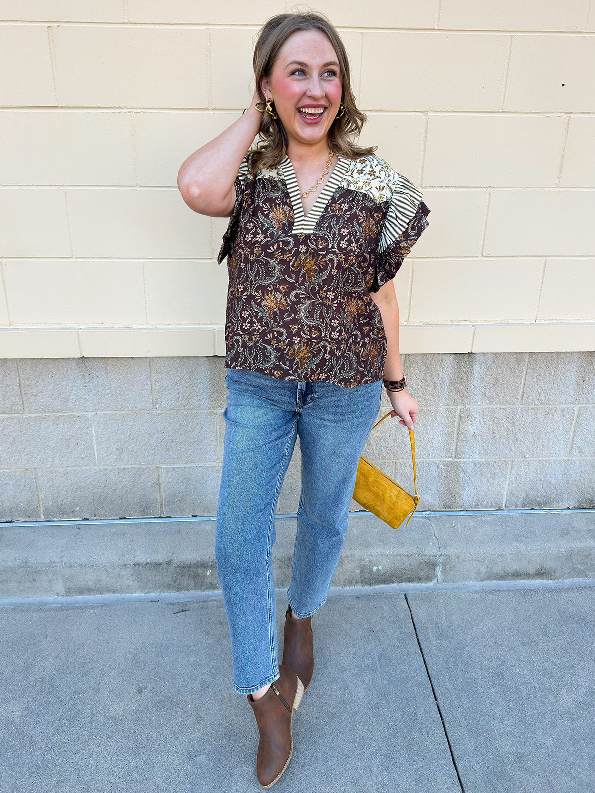  [THML] Autumn Etchings Blouse with cream and brown stripes, floral swirl print, and flutter ruffle sleeves