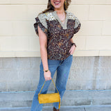 [THML] Autumn Etchings Blouse with cream and brown stripes, floral swirl print, and flutter ruffle sleeves