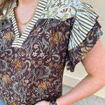  [THML] Autumn Etchings Blouse with cream and brown stripes, floral swirl print, and flutter ruffle sleeves
