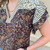  [THML] Autumn Etchings Blouse with cream and brown stripes, floral swirl print, and flutter ruffle sleeves
