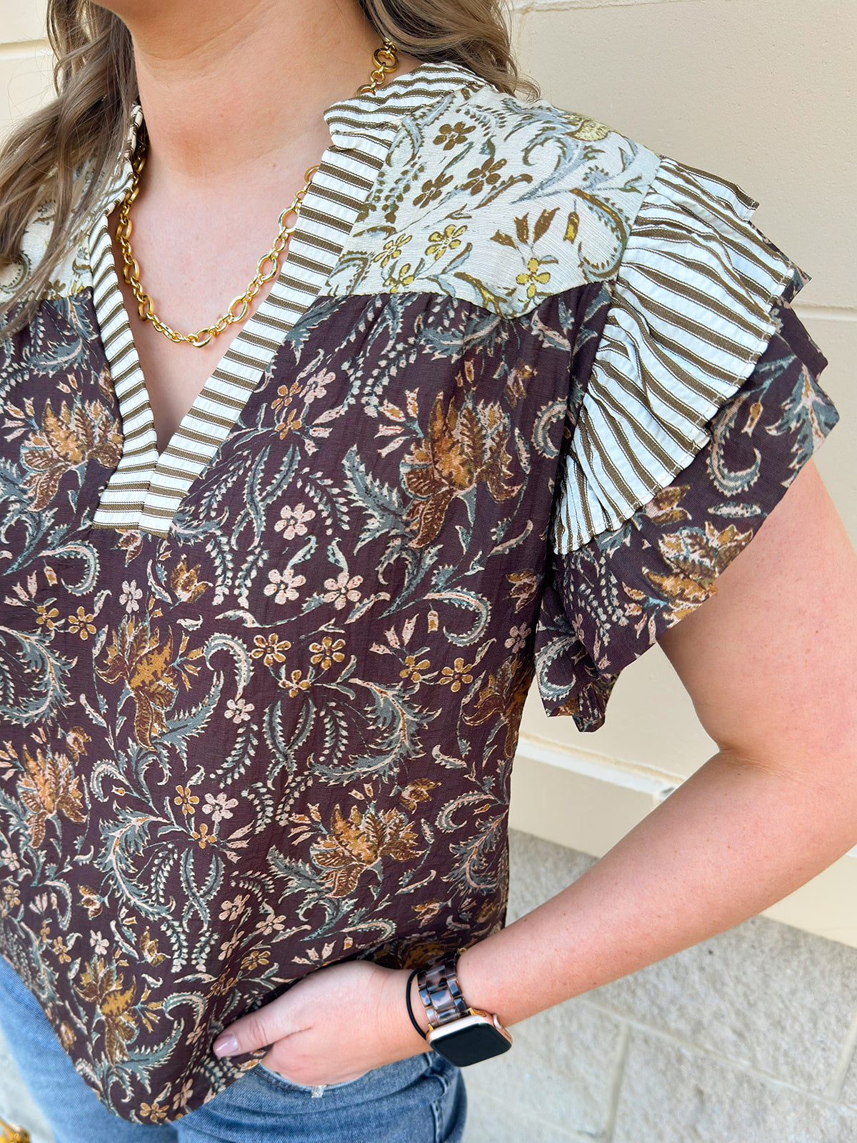  [THML] Autumn Etchings Blouse with cream and brown stripes, floral swirl print, and flutter ruffle sleeves