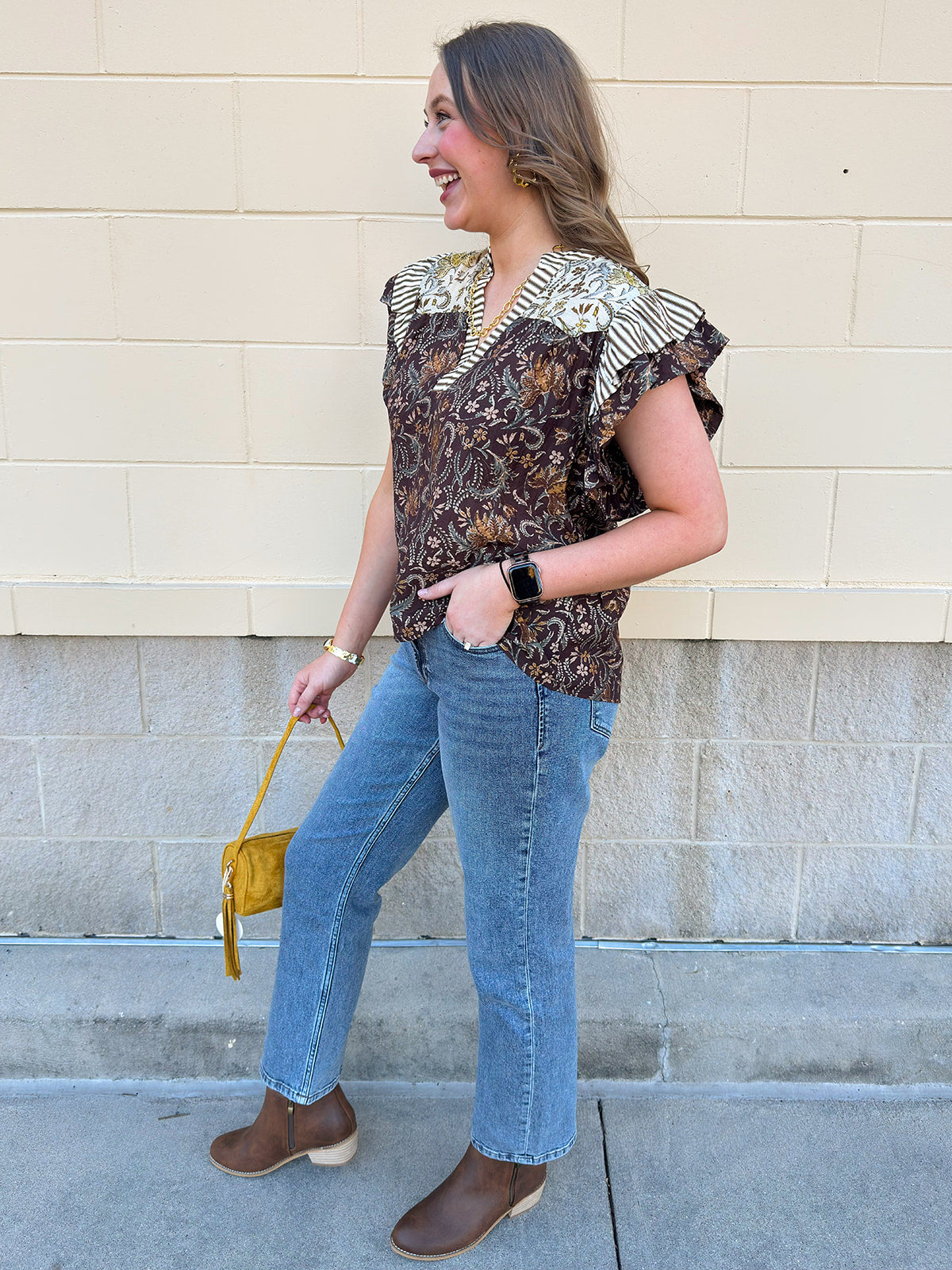  [THML] Autumn Etchings Blouse with cream and brown stripes, floral swirl print, and flutter ruffle sleeves