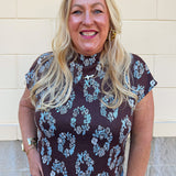 THML Cocoa Botanica Top in brown with blue and white circular floral print