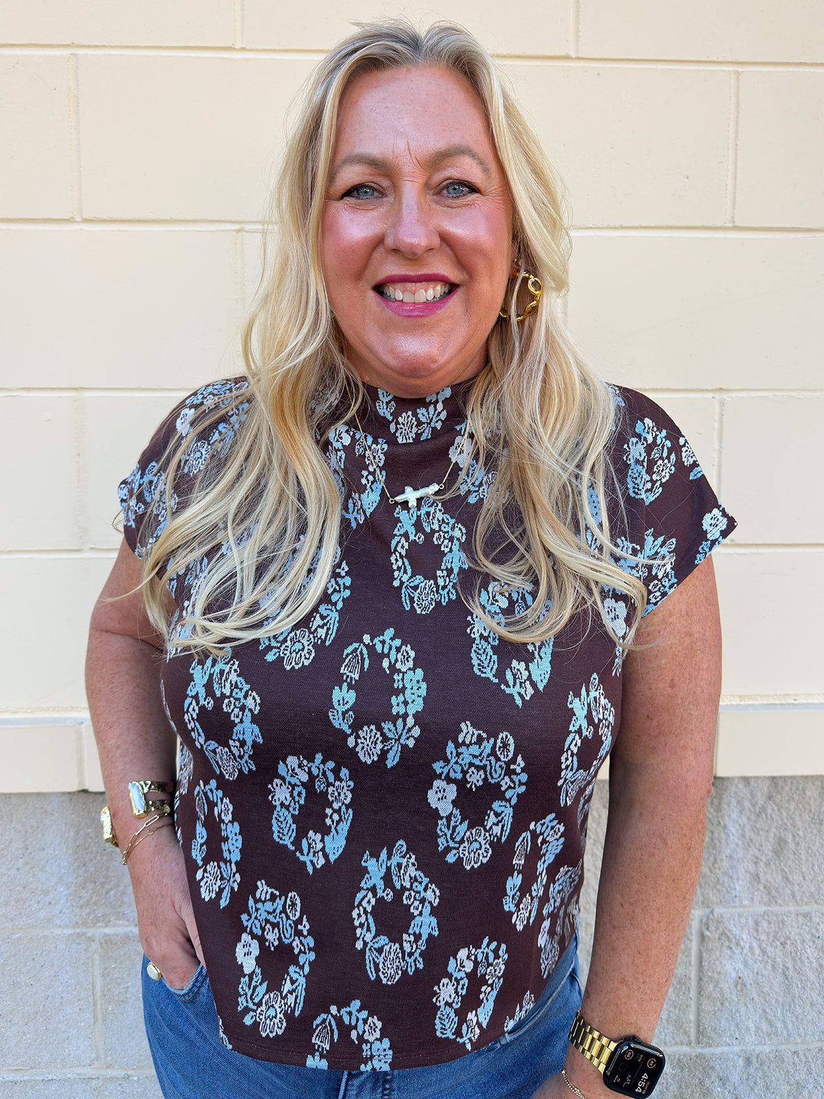 THML Cocoa Botanica Top in brown with blue and white circular floral print