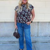 THML Cocoa Botanica Top in brown with blue and white circular floral print