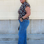THML Cocoa Botanica Top in brown with blue and white circular floral print