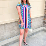 Mini dress with ruffle collar, floral and abstract pattern, center stripe