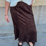 Brown cheetah print suede midi skirt