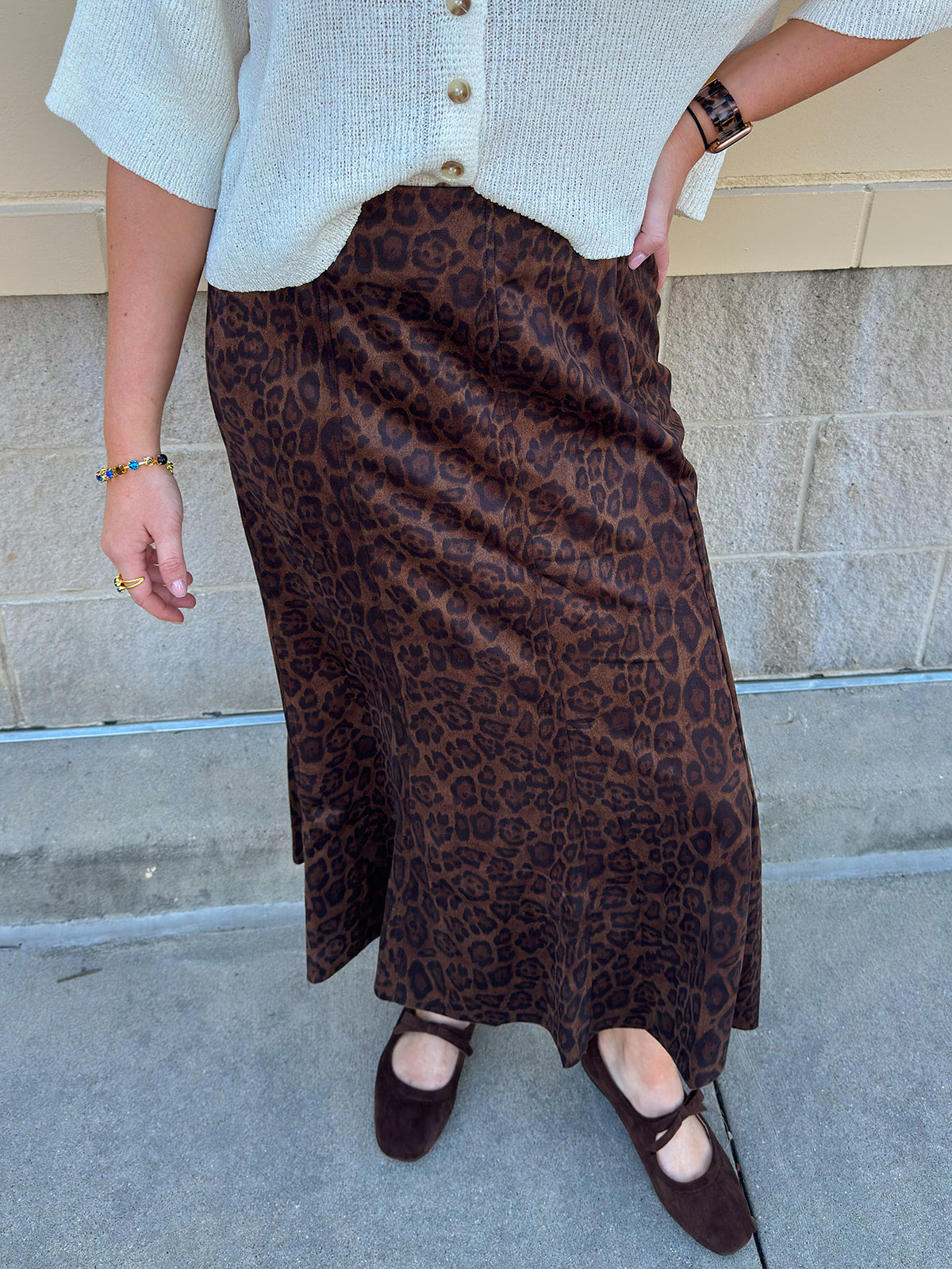 Brown cheetah print suede midi skirt