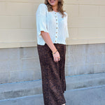 Brown cheetah print suede midi skirt