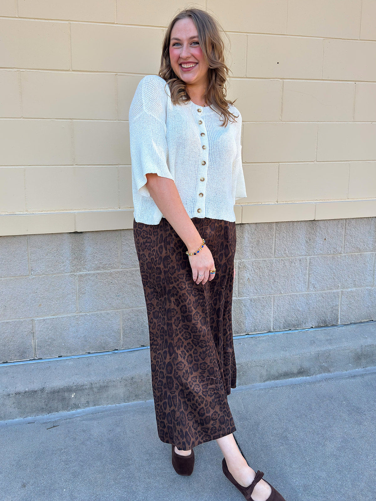 Brown cheetah print suede midi skirt