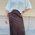 Brown cheetah print suede midi skirt