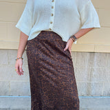 Brown cheetah print suede midi skirt
