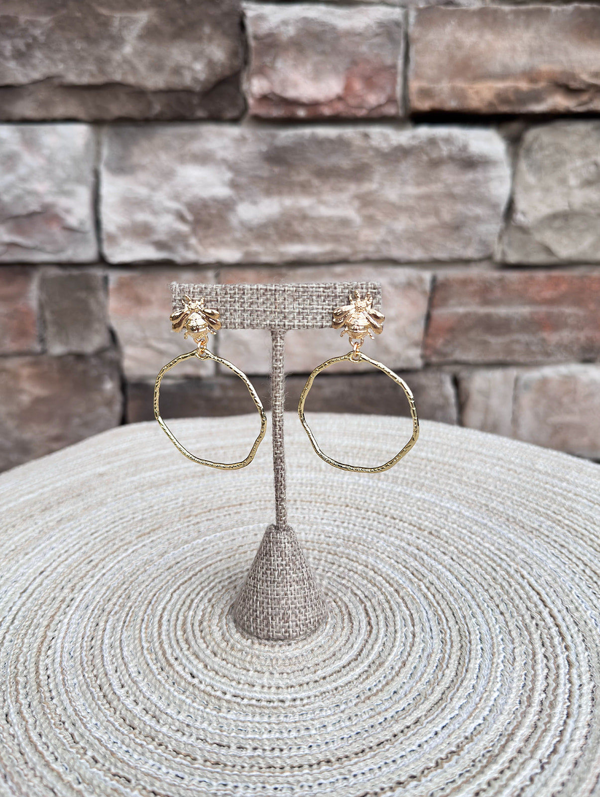 Taylor Shaye Designs Bee Top Round Hoops with gold hoops and small bee detail