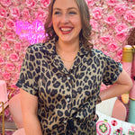 Leopard print satin pajama top in browns and tans