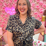 Leopard print satin pajama top in browns and tans