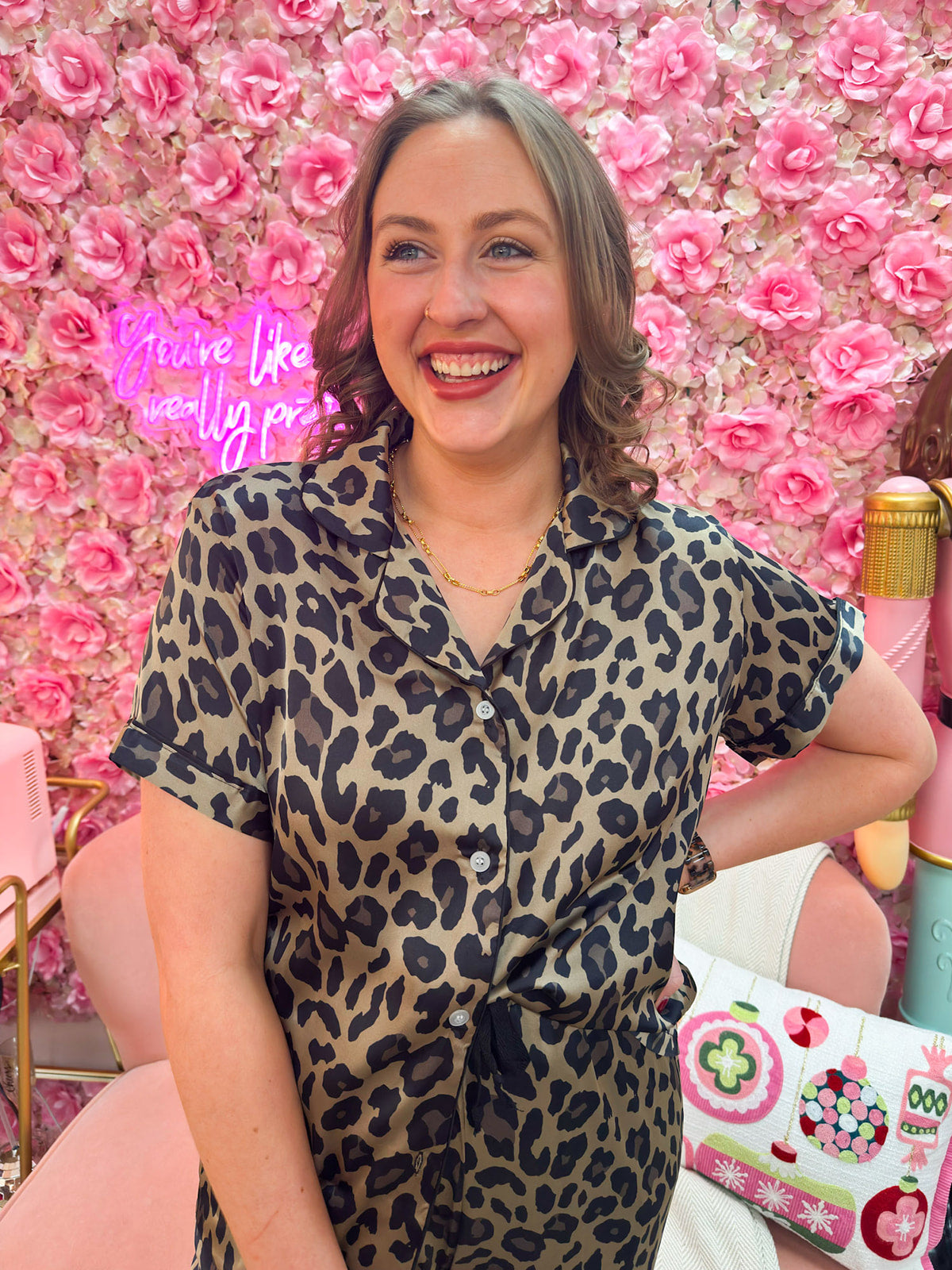 Leopard print satin pajama top in browns and tans