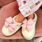 Sherpa slippers with floral embroidery and removable corduroy bow