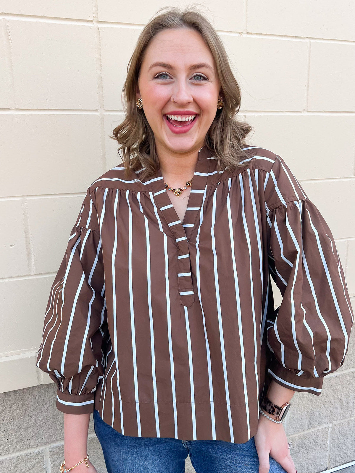 Harvest Charm Split Neck Stripe Top