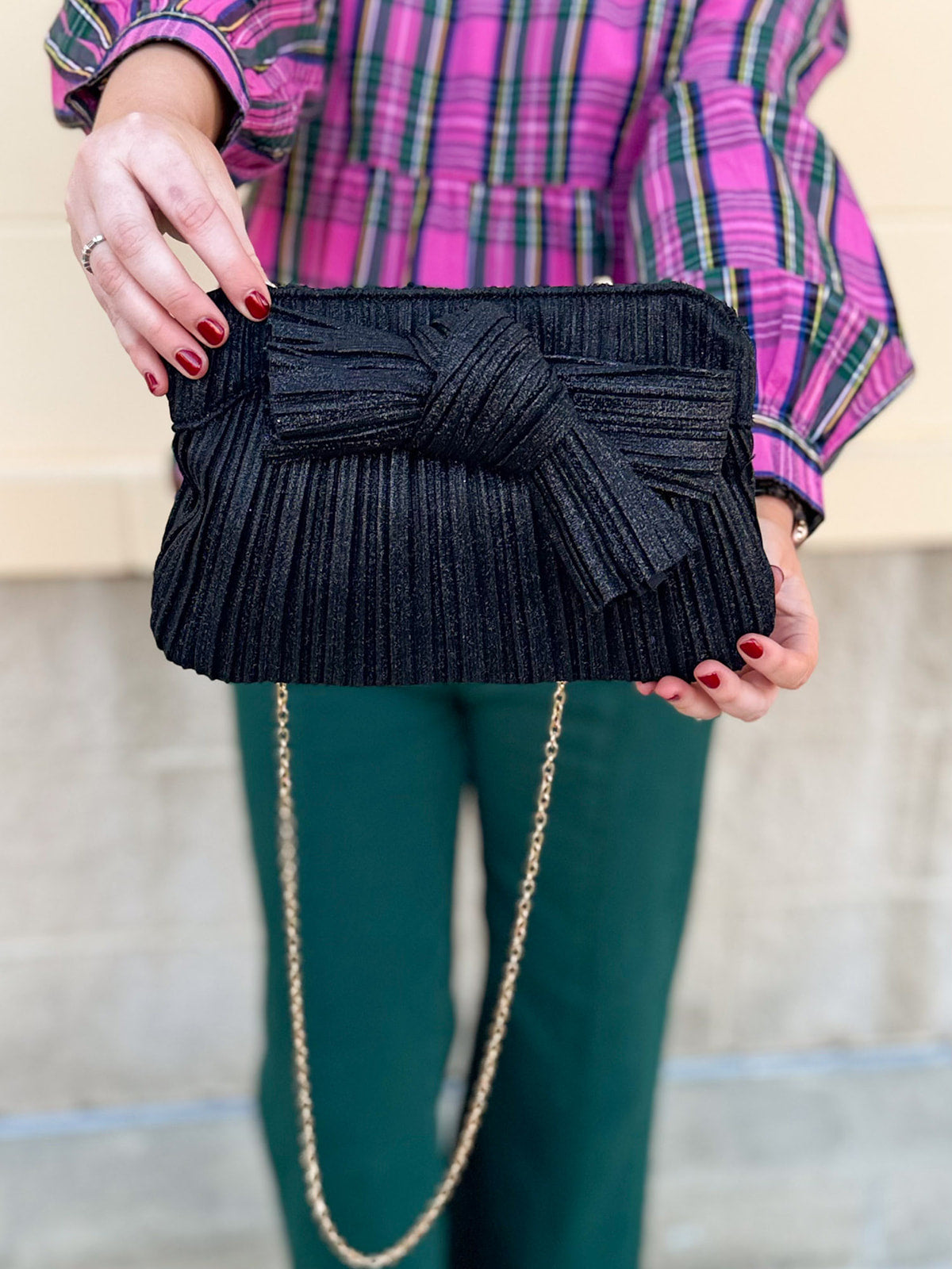 Midnight Glam Pleated Bow Clutch