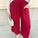 Fresh Breeze Frayed Wide Leg Linen Pants in Rust