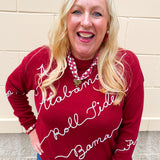 Red merino wool sweater with chain stitch embroidered Crimson Tide-inspired script and hand-drawn collegiate artwork.