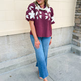 The Eloise Embroidered Faux Suede Top in Wine