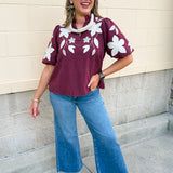The Eloise Embroidered Faux Suede Top in Wine