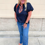 The Velvet Whisper Textured Puff Sleeve Top in Navy