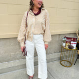 Tan and off-white striped long sleeve button-down shirt with collared neckline and cuffed sleeves—lightweight and perfect for layering