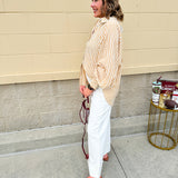 Tan and off-white striped long sleeve button-down shirt with collared neckline and cuffed sleeves—lightweight and perfect for layering