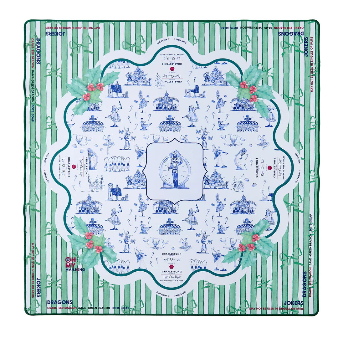 Twilight Waltz Mahjong Mat with dark green, deep blue, and holly design, neon green border