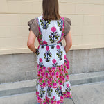 White cotton floral tiered maxi dress with flutter sleeves and ruffle collar