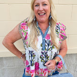 White cotton flutter sleeve top with floral print and ruffle neckline