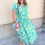 Green and blue botanical print maxi dress