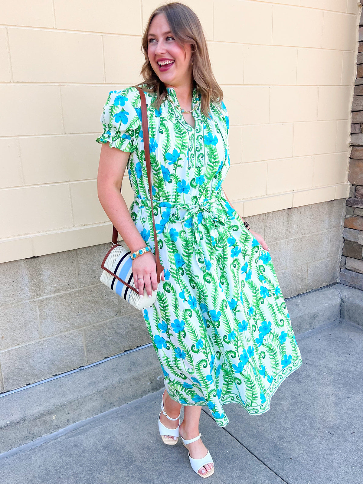 Green and blue botanical print maxi dress