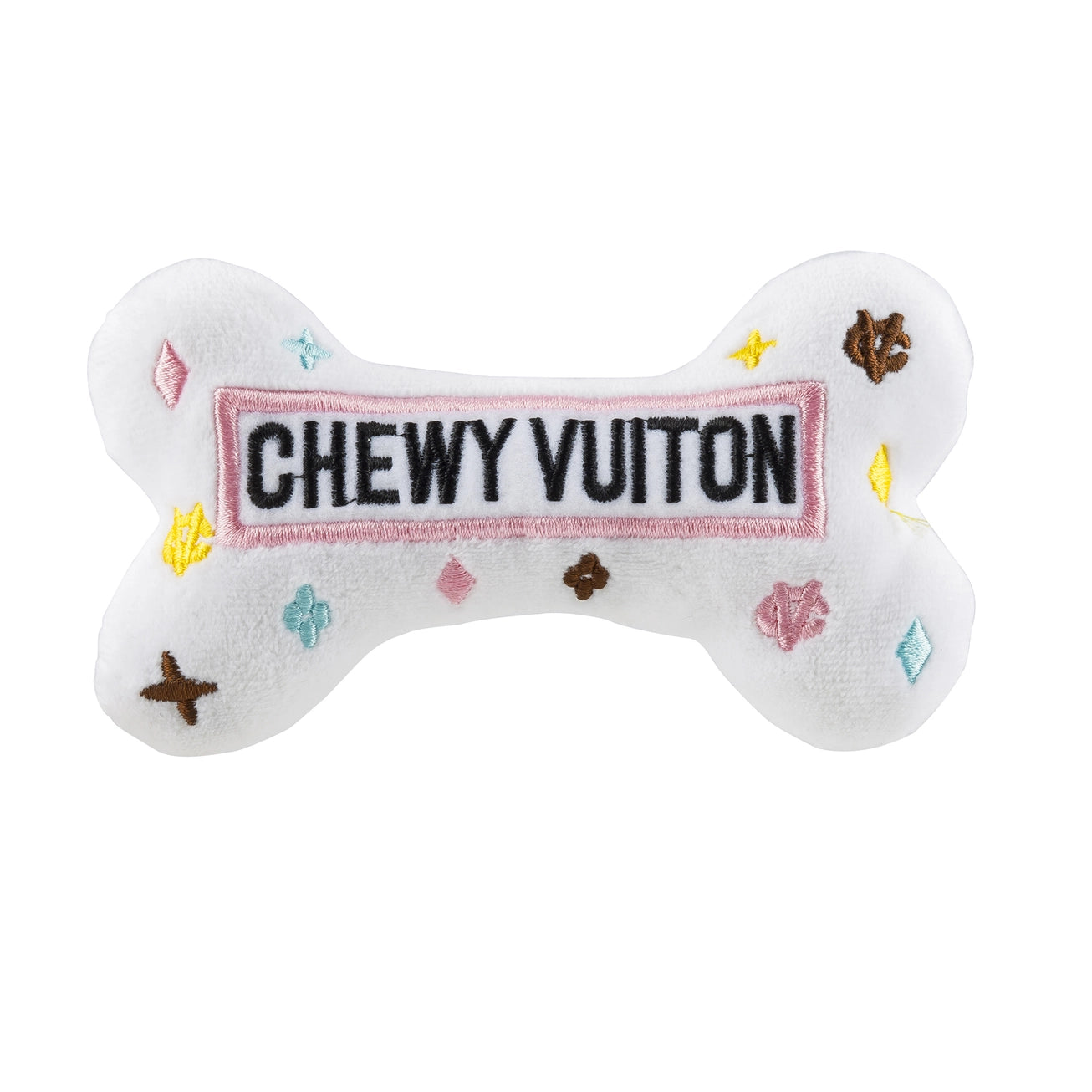 White plush bone-shaped dog toy with a designer-inspired print and squeaker.